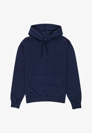 Sudadera azul marino hecha de tela suave, que presenta un bolsillo canguro, capucha con cordón ajustable y detalle del logo en el pecho.