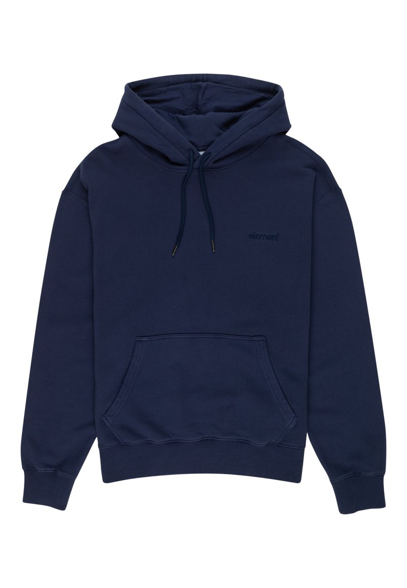 Felpa blu navy realizzata in tessuto morbido, con tasca a marsupio, cappuccio regolabile con cordino e dettaglio del logo sul petto.