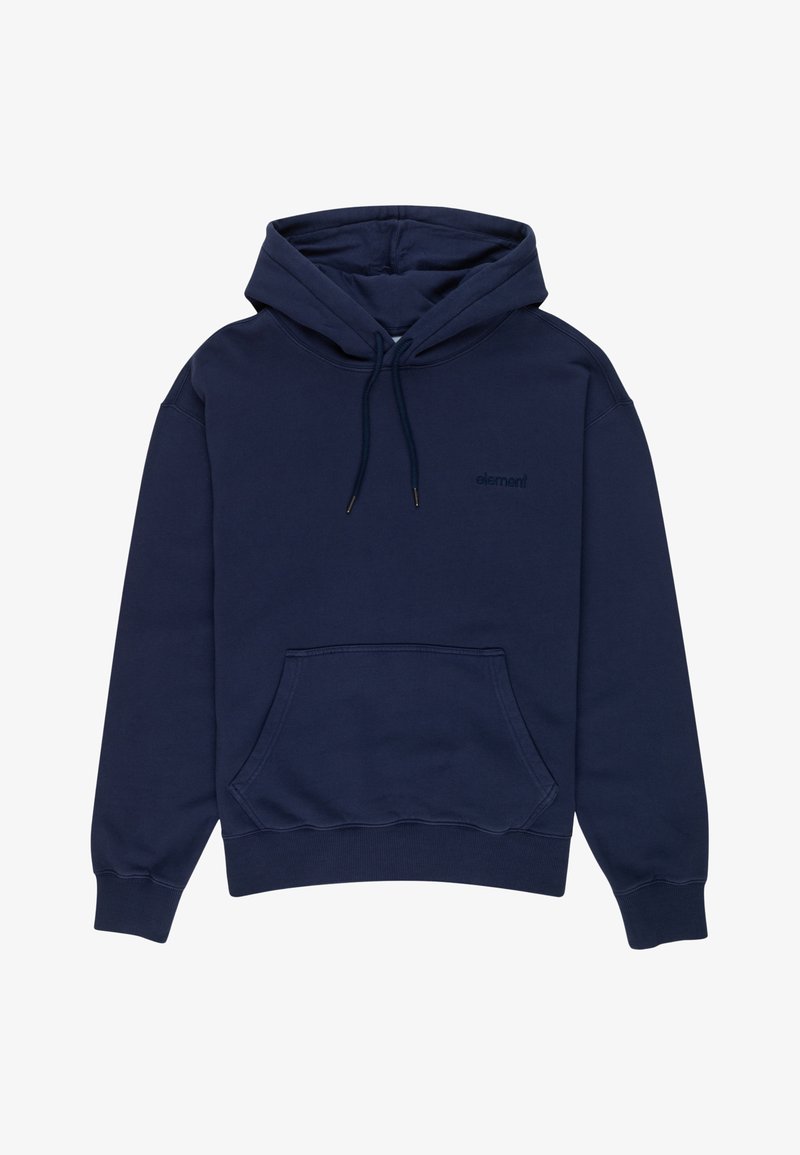 Felpa blu navy realizzata in tessuto morbido, con tasca a marsupio, cappuccio regolabile con cordino e dettaglio del logo sul petto.