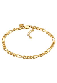 Guldskimmrande metalarmband med sammanflätade kedjelänkar, utrustat med lås och justerbar längd med en liten charmdetalj.