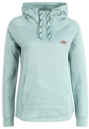 Svetlo modra kapuca s piko vzorcem, vrvico okoli vratu in kenguru žepom. Material se zdi mehak in teksturiran s rebrastimi rokavi.