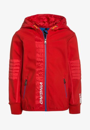 Veste rouge avec capuche, dotée d'une fermeture éclair bleue, de poignets côtelés et de panneaux de tissu contrastants. Comprend deux poches zippées et un détail de logo.