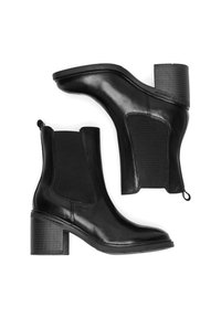 Black leather ankle boots with elastic side panels, a rounded toe, and a textured block heel. Smooth finish with stitching detail.
