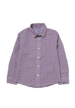 Camicia a maniche lunghe a scacchi in rosso, bianco e blu. Collo button-down, bottoni frontali e orlo arrotondato. Tessuto misto cotone.