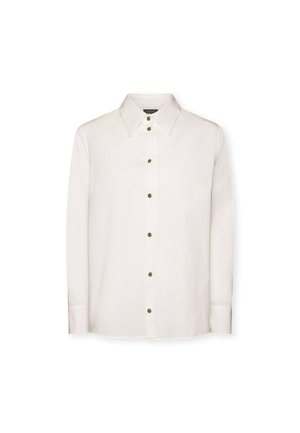 Valkoinen pitkähihaisuus paita, joka on valmistettu sileästä kankaasta ja jossa on terävä kaulus sekä kuusi pronssista nappia etuosa.