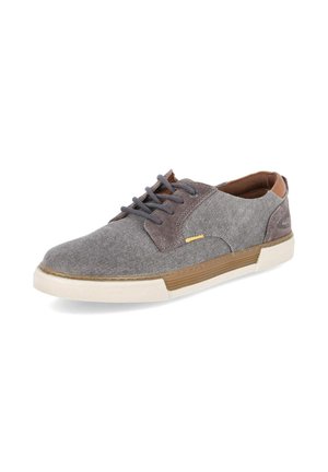 Gray casual lace-up sneaker with textured fabric, brown accents, and white rubber sole, shown at slight angle on white background.