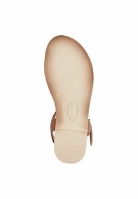 Sandal in cuoio con suola in gomma testurizzata e soletta beige chiaro. Presenta cinturini regolabili e una finitura liscia sul materiale superiore.