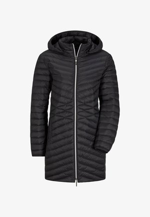 Zwarte geïsoleerde jas met een capuchon, voorzien van een gequiltde textuur en een centrale rits. Middellange ontwerp met zijzakken en subtiele stikdetails.