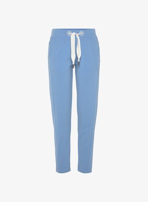 Light blue sweatpants made of soft fabric, featuring an elastic waistband with white drawstring, side pockets, and tapered legs.
