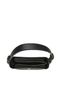 Zwarte leren handtas met een afgeronde bovenkant, gouden rits en dubbele binnencompartimenten. Heeft een platte schouderband.