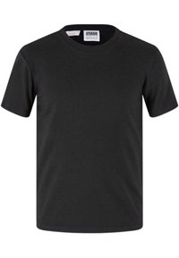 Svart bomulls-t-shirt med korta ärmar, rundad halsringning och en mjuk textur. Inga synliga mönster eller grafik.