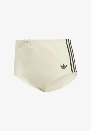 Cream-colored swim shorts with a drawstring waist and black side stripes. Features a small black logo on the left side. Smooth texture.
