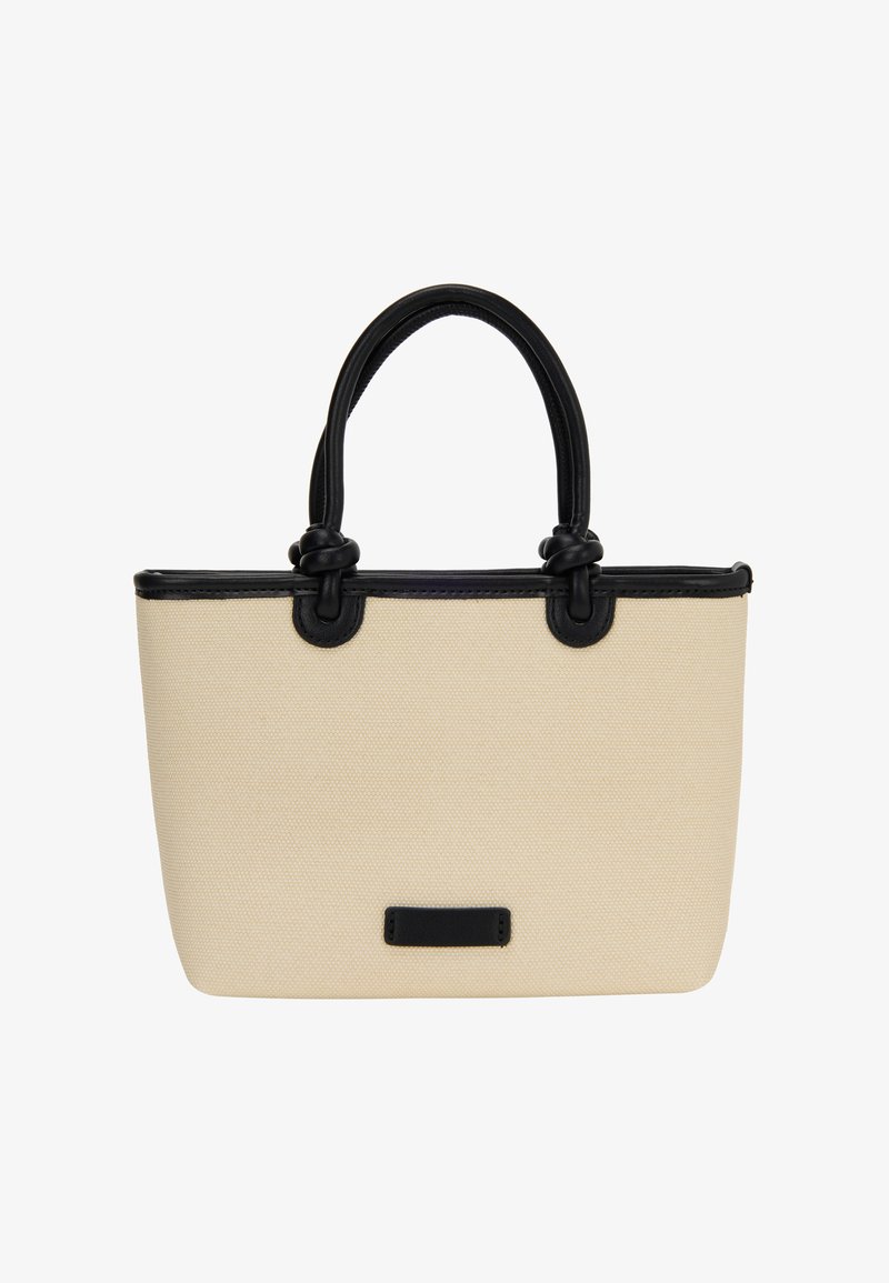 Beżowa torba materiałowa z czarnymi skórzanymi akcentami, z dwoma uchwytami, strukturalnym kształtem i małą czarną metką na dole.