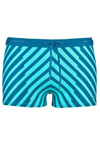Shorts de bain avec un mélange de rayures en zigzag bleu clair et bleu foncé. Fabriqués en matériau extensible, avec une taille élastique et des accents de finition.