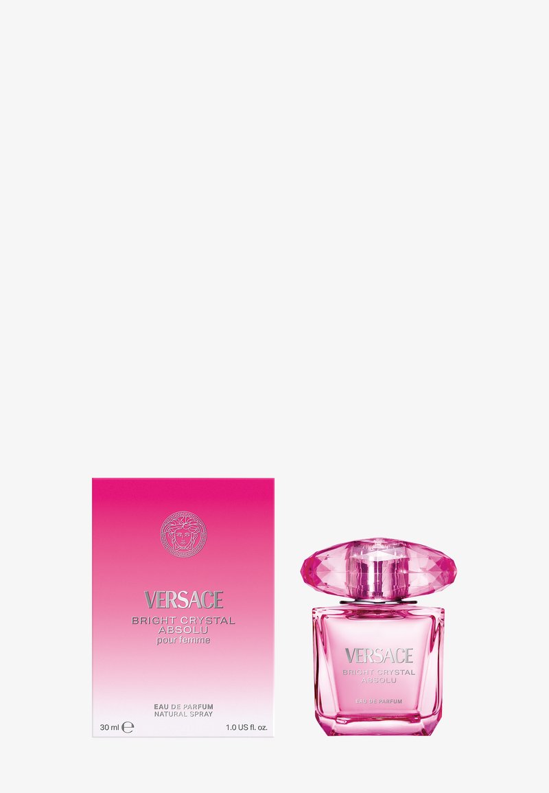 Parfum Versace Bright Crystal Absolu 30 ml, avec un flacon en verre rose facetté et une boîte assortie, présentant un design dégradé rose et un logo embossé.