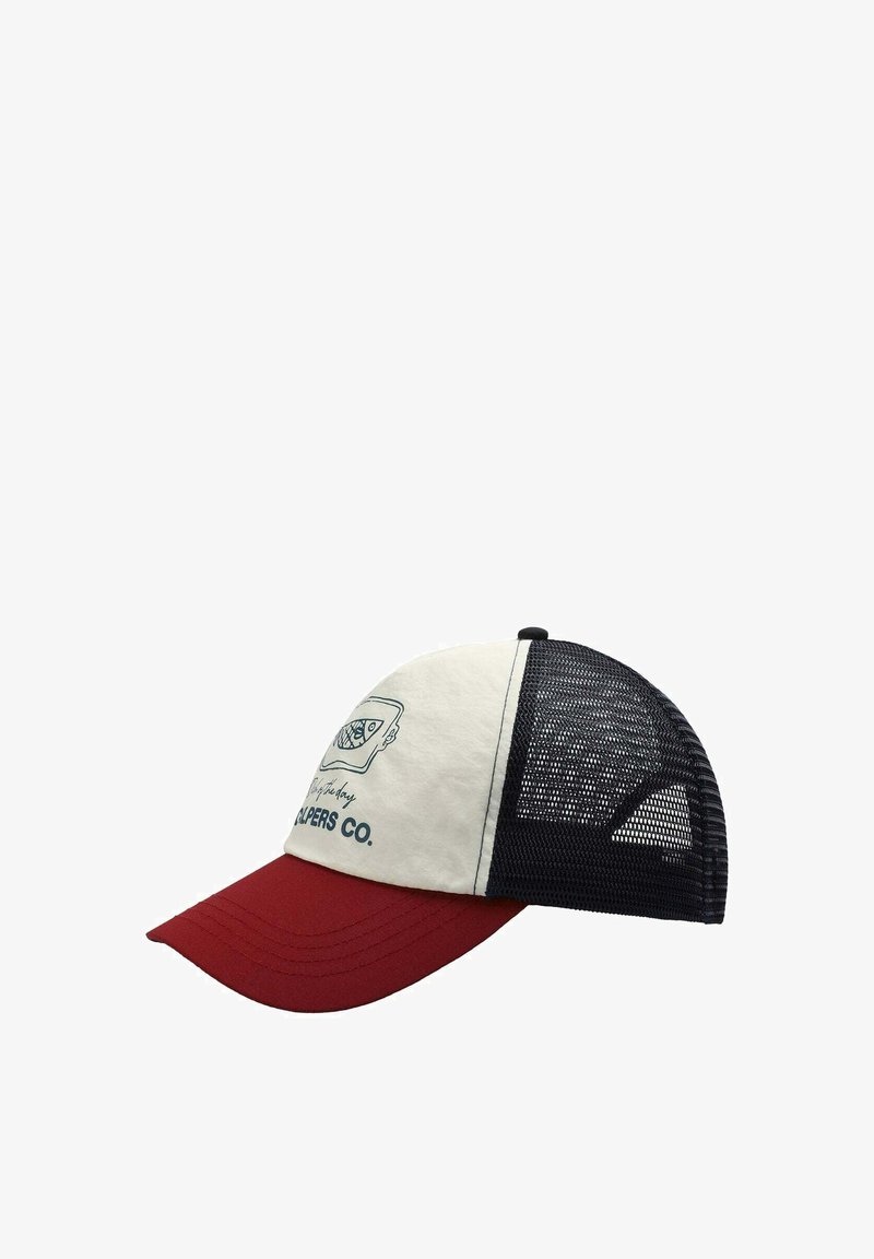 Trucker cap with a red brim, white front panel featuring fish design and text, black mesh back, adjustable snap closure.