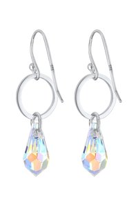 Silberfarbene Ohrringe mit einem kreisförmigen Hoop-Design und einem klaren, facettierten Tränenkristallakzent.