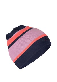 Gestrickte Mütze in Marineblau, Pink und Korallenstreifen. Verfügt über eine eng anliegende Passform mit umgeschlagenem Rand und strukturierter Stoffoberfläche. Dezentes Markenlogo ist enthalten.