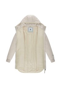 Ljus beige isolerad jacka med kviltat yttre, huva och mjukt inre foder. Har en framdragkedja och ribbade ärmavslut.