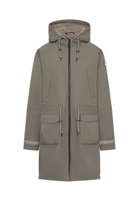 Cappotto lungo grigio con cappuccio, chiusura con zip, due tasche frontali e dettagli con cordoncino. Fodera in pile, polsini rinforzati e strisce riflettenti.
