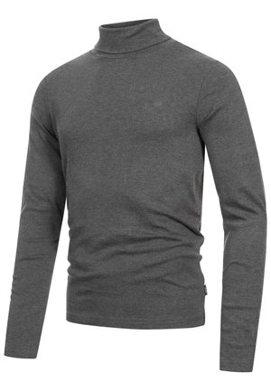 Grå genser med høy hals laget av mykt stoff, med lange ermer og en tettsittende design. Merke på undersiden. Minimalistisk stil.