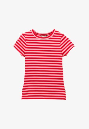 Lühikeste varrukatega väikelapse t-särk kitsaste horisontaalsete punaste ja roosade triipudega ning ümmarguse kaelusega valgel taustal.