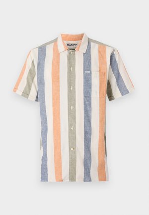 Short-sleeve striped shirt in cotton-linen blend. Features orange, blue, green, and cream vertical stripes, button front, and left chest pocket.