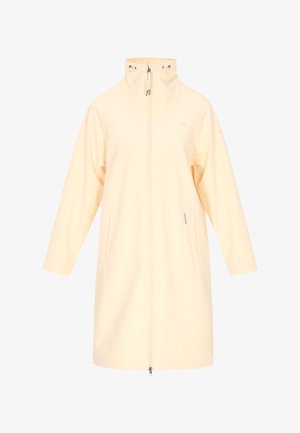 Jasnożółty długi płaszcz z wysokim kołnierzem, pełnym zapięciem na zamek z przodu oraz dwoma bocznymi kieszeniami. Wykonany z gładkiego materiału, z możliwością regulacji za pomocą sznurka.