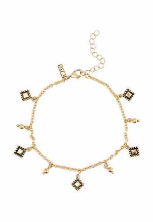 Gold chain bracelet with alternating square and round bead charms, lobster clasp, and adjustable extension chain.