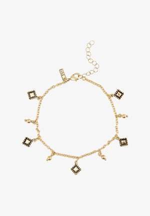 Gold chain bracelet with alternating square and round bead charms, lobster clasp, and adjustable extension chain.