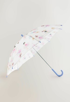 Priehľadný dáždnik s pastelným kvetinovým vzorom, modrým zakriveným držadlom a tenkým kovovým rámom. Textúrovaná látka s farebnými dizajnmi.