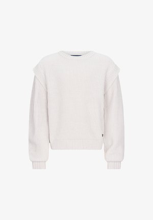Maglione bianco a coste con collo rotondo, spalle scese e maniche lunghe. Presenta un orlo e dettagli ai polsi a coste.