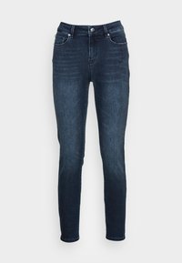 Vaqueros de denim azul oscuro con un corte ajustado, cintura alta, diseño estándar de cinco bolsillos y cierre de cremallera con botón de metal.