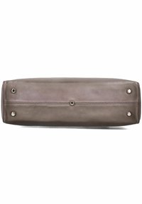 Grå läderhandväska med rektangulär form, med metallnitar i botten, en slät yta och fina sömmar längs sidorna.