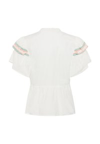 Blouse blanche à manches courtes avec des manches à volants ornées d'une bordure florale brodée rose et verte, taille froncée et col montant.