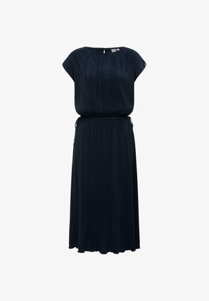 Marineblaues, plissiertes Midikleid mit kurzen Ärmeln, rundem Ausschnitt und tailliertem Bund. Leichter Stoff mit subtiler Textur.