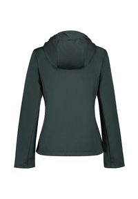 Dunkelgrüne Kapuzenjacke, von hinten gezeigt, mit langen Ärmeln und schmalem Taillenschnitt auf einem weißen Hintergrund.