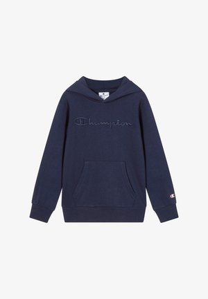 Marineblauer Kapuzenpullover aus Baumwollmischung, mit einer Fronttasche, gesticktem "Champion"-Logo auf der Brust und gerippten Bündchen.
