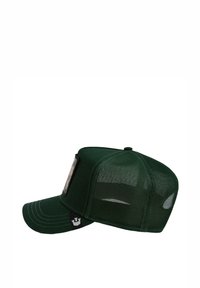 Green cap with a solid front panel and mesh back, featuring a rectangular patch on the front and a black logo on the side.