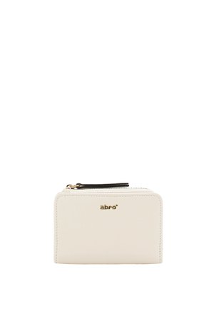 Cream leather zippered wallet with a gold logo, black zipper pull, and minimalistic design. Features clean lines and smooth texture.