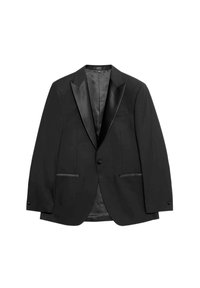 Blazer negro confeccionado en tela lisa, con solapa pico de raso, dos bolsillos frontales con ribete de raso y cierre de un botón.