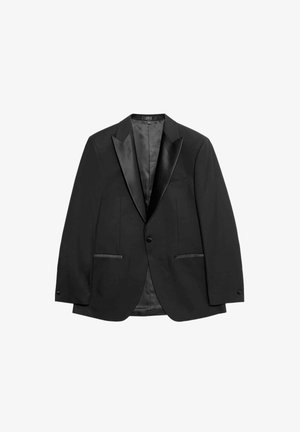 Czarna marynarka wykonana z gładkiej tkaniny, z satynowym szpiczastym klapem, dwoma przednimi kieszeniami ozdobionymi satyną oraz pojedynczym zapięciem na guzik.