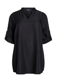 Black, short-sleeve blouse with a V-neck and roll-up sleeves. Made of textured fabric, featuring a loose fit and curved hem. Brand label visible.
