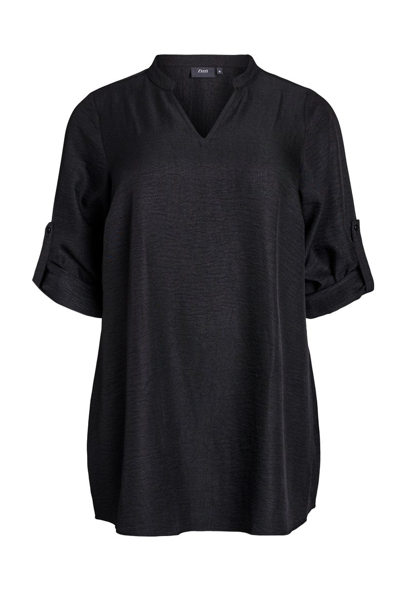 Black, short-sleeve blouse with a V-neck and roll-up sleeves. Made of textured fabric, featuring a loose fit and curved hem. Brand label visible.