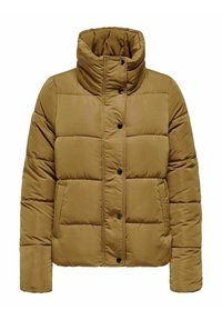 Khaki puchowa kurtka z wysokim kołnierzem, z pikowanym wzorem i czarnymi guzikami. Wykonana z gładkiego, lekkiego materiału. Nowoczesny krój.