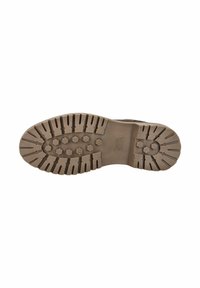 Rubber shoe sole in brown with a textured tread pattern, featuring hexagonal and linear grooves for enhanced grip and traction.