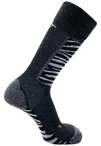 Black and gray sock with a ribbed cuff, striped pattern on the side, reinforced toe and heel, and soft texture. Designed for comfort and durability.