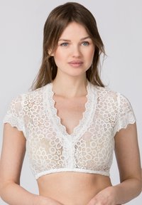 Weißes Spitzen-Bralette mit kurzen Ärmeln, floralem Muster, gewelltem Ausschnitt und strukturiertem Stoff. Kürzerer Schnitt mit glattem Saum.