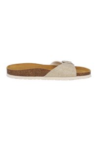 Slide sandal with a shimmery beige upper, cork footbed, and white sole. Features a decorative metallic buckle on the strap.