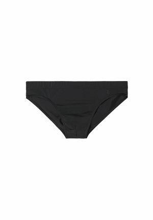 Schwarze Bikinihose aus glattem Schwimmmaterial mit niedrigem Schnitt und elastischem Bund, minimalistischem Design und ohne sichtbare Muster.